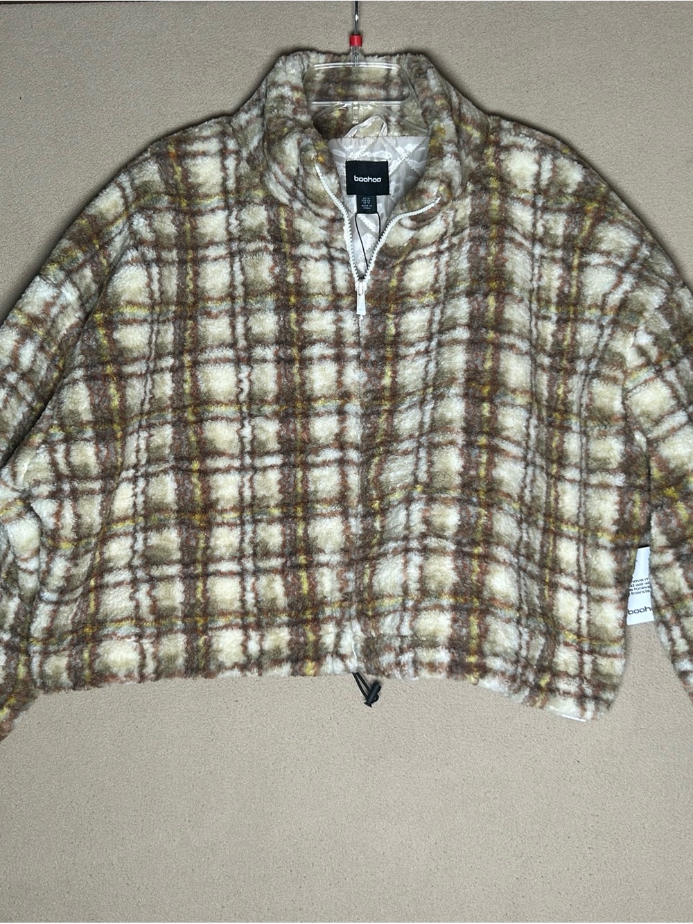 Boohoo Cream Gold & Brown Plaid Fleece Half-Zip Jacket. Semi Cropped Size 10